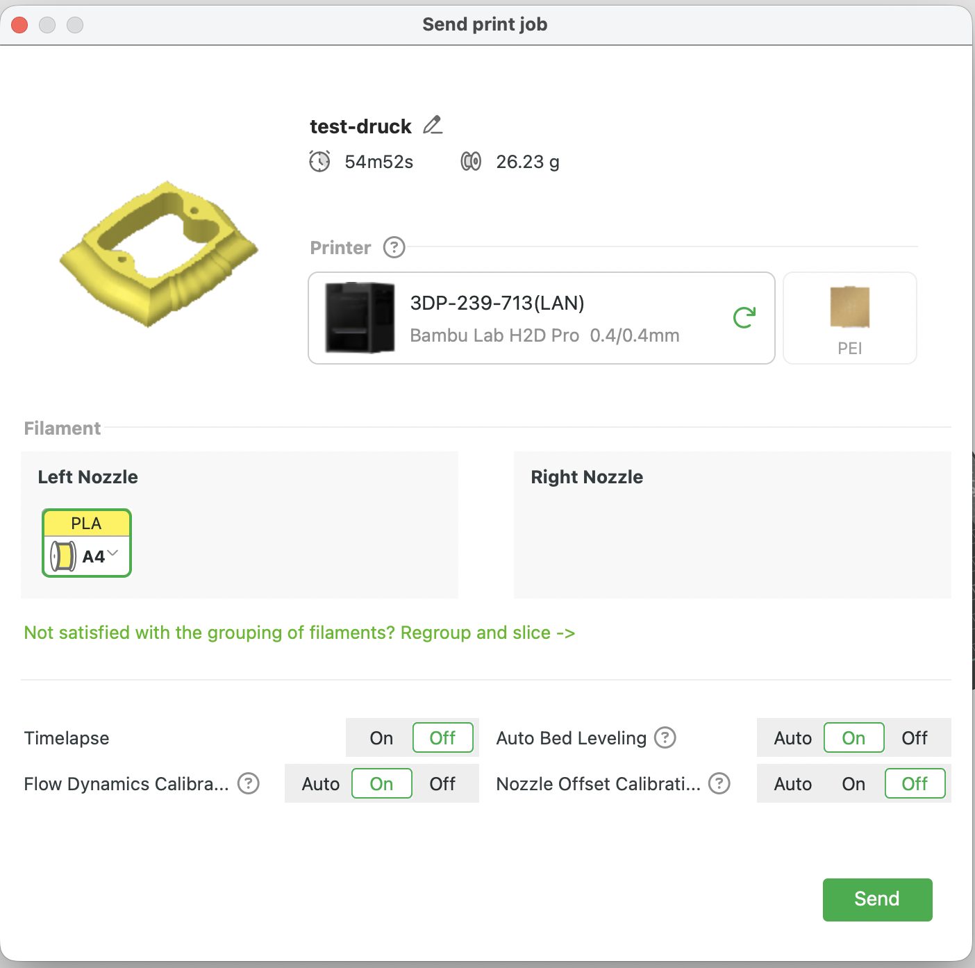 Fenster „Send print job“: Drucker, Filament-Zuordnung, Auto Bed Leveling und „Send“